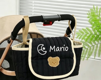 Geborduurde kinderwagenluiertassen, aangepaste naam babyorganizer, gepersonaliseerde kinderwagenopbergertas, grote babyluiercaddy, kraamcadeau