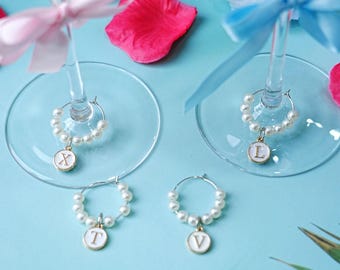 Pearl Letter Wine Glass Charms, Personalized Drink Markers