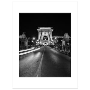 Budapest Chain Bridge — Minimalist Photographic Wall Art Print, Black & White Night Architecture Photo