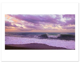 Purple Sunset Waves — Minimalist Photographic Wall Art Print, Coastal Seascape Photo