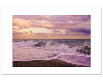 Golden Sunset Waves — Minimalist Photographic Wall Art Print, Coastal Seascape Photo
