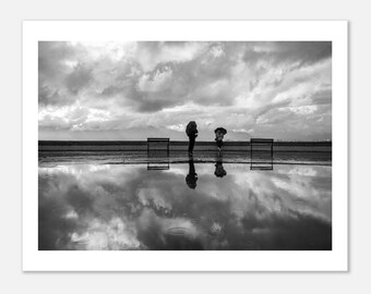 Rainy Day Reflections — Minimalist Photographic Wall Art Print, Black & White Coastal Scene