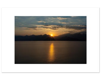 Golden Horizon — Minimalist Photographic Wall Art Print, Sunset Over Mountains