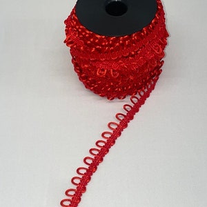 Bridal Button Looping, Button Hole Loops, Non-elastic. Rouleau Button Looping. White, Red and Black. Sold per metre. Red