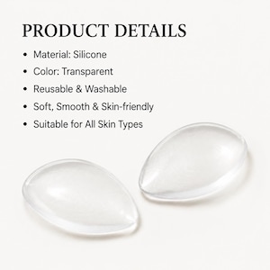 Puede incluir: Dos almohadillas de silicona transparentes en forma de l&aacute;grima. La imagen incluye el texto "PRODUCT DETAILS" y vi&ntilde;etas que enumeran el material, el color y las caracter&iacute;sticas: reutilizable, lavable, suave, agradable para la piel y apto para todo tipo de piel.
