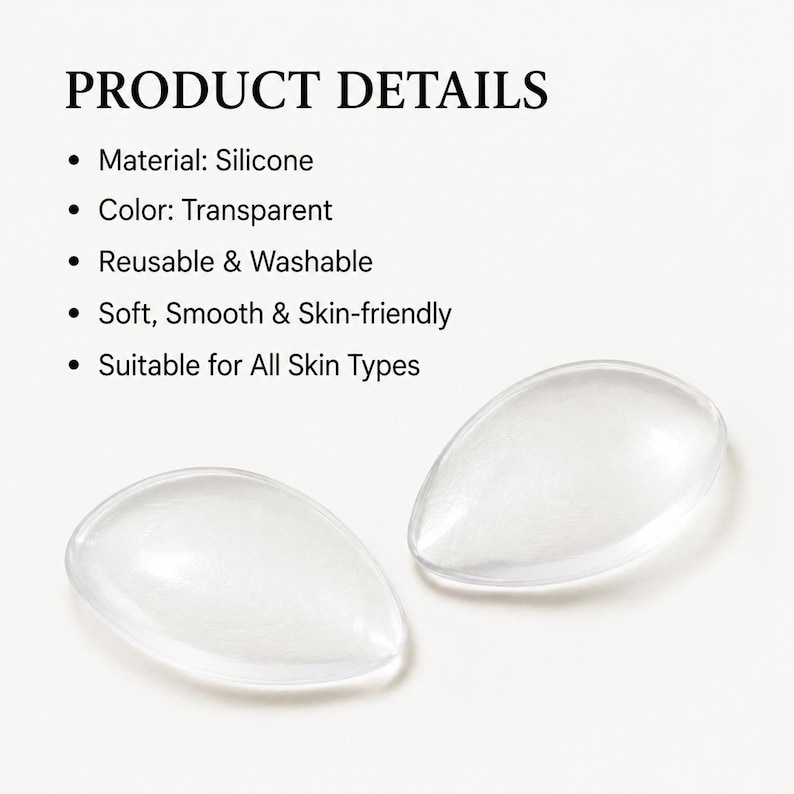 Puede incluir: Dos almohadillas de silicona transparentes en forma de l&aacute;grima. La imagen incluye el texto "PRODUCT DETAILS" y vi&ntilde;etas que enumeran el material, el color y las caracter&iacute;sticas: reutilizable, lavable, suave, agradable para la piel y apto para todo tipo de piel.