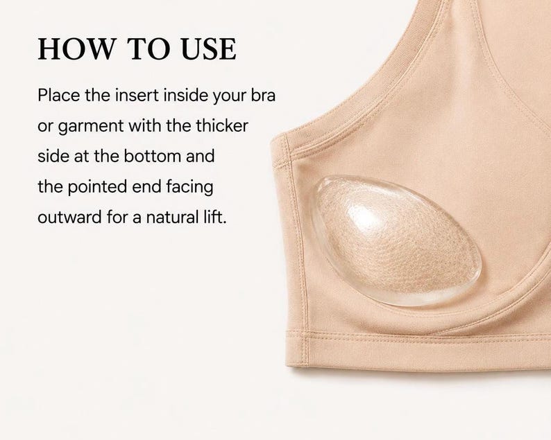 Puede incluir: Un sujetador beige con un inserto transparente en forma de l&aacute;grima. El texto "HOW TO USE" est&aacute; en la parte superior, con instrucciones sobre c&oacute;mo colocar el inserto para un efecto natural. El inserto est&aacute; dise&ntilde;ado para colocarse dentro de un sujetador o prenda.