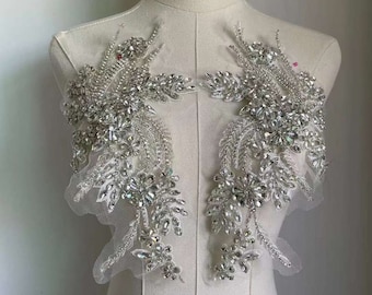 Parches cosidos con apliques de pedrería brillante con cuentas en plata y oro, adorno de vestido, brillante