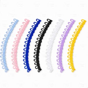 May include: Seven strips of button loop trim arranged vertically in a row. The colours from left to right are light blue, light pink, royal blue, black, white, lavender, and yellow. Each strip features a continuous series of small fabric loops.