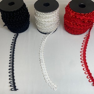 Bridal Button Looping, Button Hole Loops, Non-elastic. Rouleau Button Looping. White, Red and Black. Sold per metre. image 2