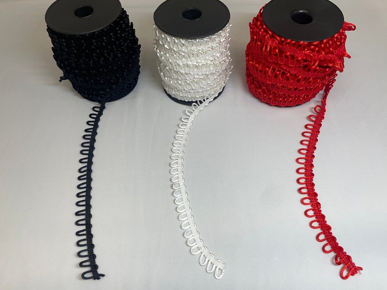 Bridal Button Looping, Button Hole Loops, Non-elastic. Rouleau Button Looping. White, Red and Black. Sold per metre. image 2