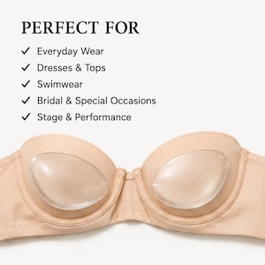 Puede incluir: Un sujetador beige sin tirantes con inserciones transparentes rellenas de gel. El sujetador tiene un dise&ntilde;o suave y sin costuras. El texto encima del sujetador dice "PERFECT FOR" seguido de una lista de ocasiones, incluyendo uso diario.