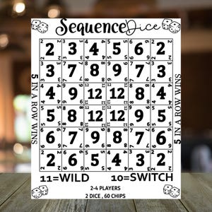 May include: A white board game titled "Sequence Dice" with a grid of numbers and dice illustrations. The game board includes the text "5 in a row wins", "11=WILD", and "10=SWITCH". The game is for 2-4 players and uses 2 dice and 60 chips.