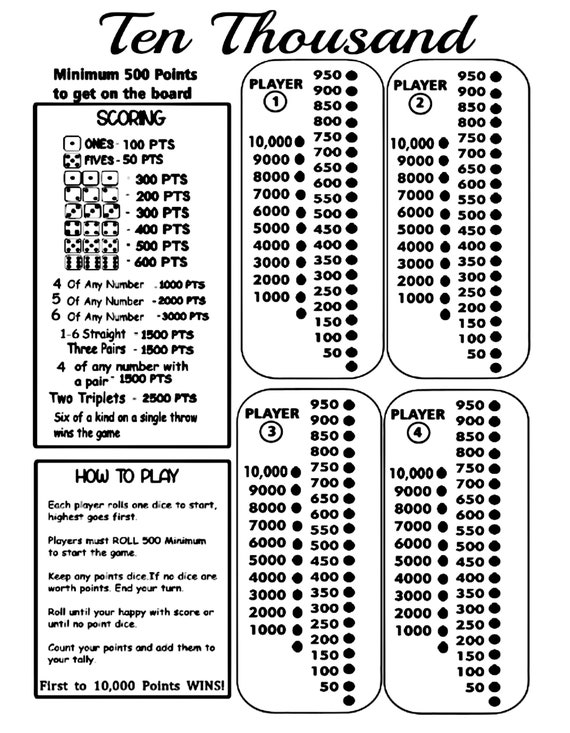 Printable Rules and Score Sheet for the Dice Game 10000 for 