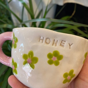 Flower Ceramic Mug, Honey Mug, Handpainted Mug, Handcrafted Mug, Pottery Mug, Unique Gift, Handmade Gift, Gift To Her, With Handle