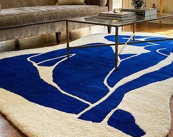 Abstract Blue Ivory Rug Handmade Tufted Organic Shape Modern Area Rug