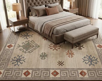 Scandinavian Hand Knotted Wool Rug, Nordic Geometric Beige Area Rug with Greek Key Border