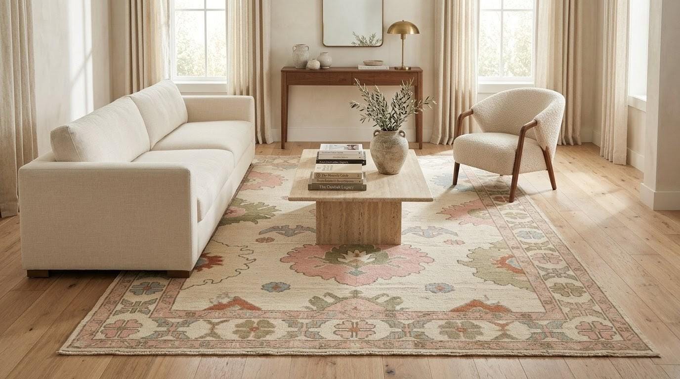 English Cottage Oushak Rug, Vintage Floral Wool Area Rug, Handmade Turkish Carpet