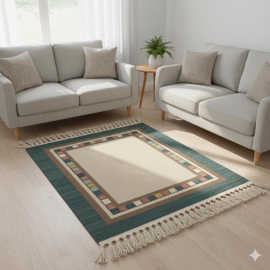 Kilim Rugs Border Modern Teal Bordered Kilim Rug, Wool Flatweave Accent Mat for Bathroom ...