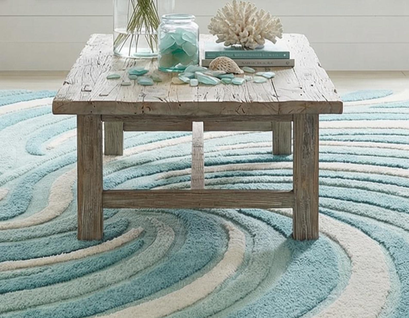 Aqua Blue Coastal Wave, Sculpted Ocean Design Hand Tufted Wool Area Rug ...