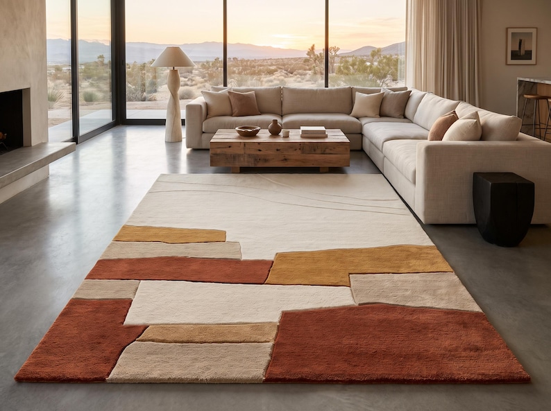 Geometric Wool Area Rug Rust Cream Modern Hand-tufted 5x8 7x9 10x14 - Etsy