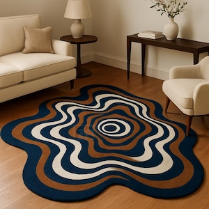 Abstract Swirl Blue & Brown Area Rug | Hand-Tufted Wool Carpet for Modern Living | Irregular Shape Floor Art
