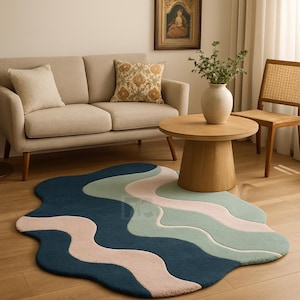 Abstract Wavy Rug | Modern Irregular Area Rug | Hand-Tufted Wool Accent Carpet for Living Room & Bedroom