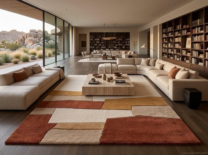 Geometric Wool Area Rug Rust Cream Modern Hand-tufted 5x8 7x9 10x14 - Etsy