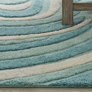 Aqua Blue Coastal Wave, Sculpted Ocean Design Hand Tufted Wool Area Rug ...