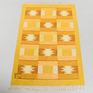 Vintage Ingegerd Silow Style Flatweave Kilim Rug | Mid-Century Modern Yellow & Brown Swedish Folk Art | Wool Area Mat