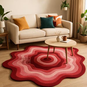 Abstract Wavy Red Area Rug | Modern Hand-Tufted Wool Carpet for Living Rooms & Bedrooms | Unique Organic Shape Floor Decor