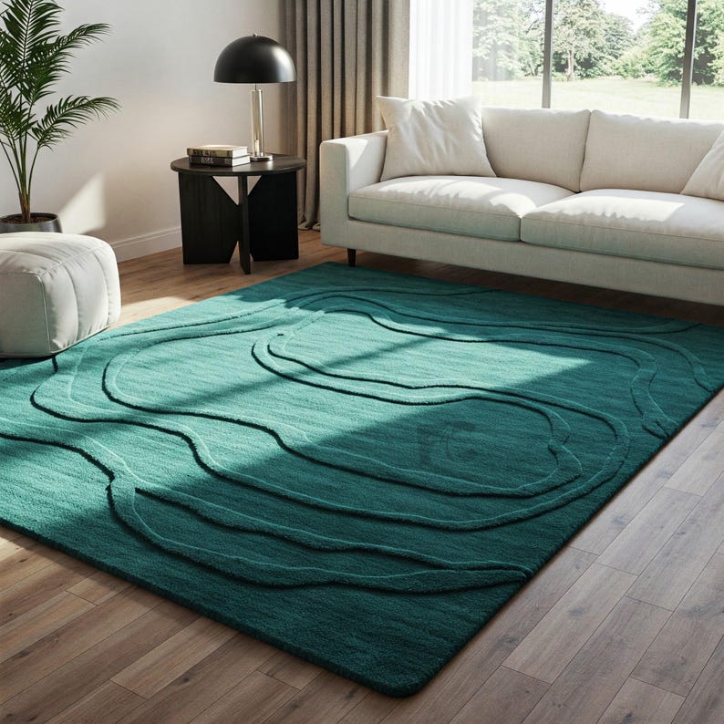 Handwoven Tufted Rug Emerald Green Topographic Area Rug | Modern ...