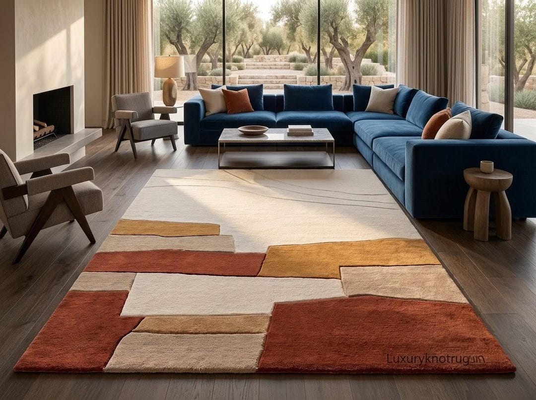 Geometric Wool Area Rug Rust Cream Modern Hand-tufted 5x8 7x9 10x14 - Etsy