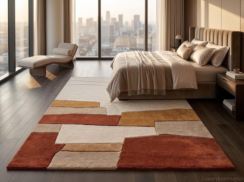 Geometric Wool Area Rug Rust Cream Modern Hand-tufted 5x8 7x9 10x14 - Etsy