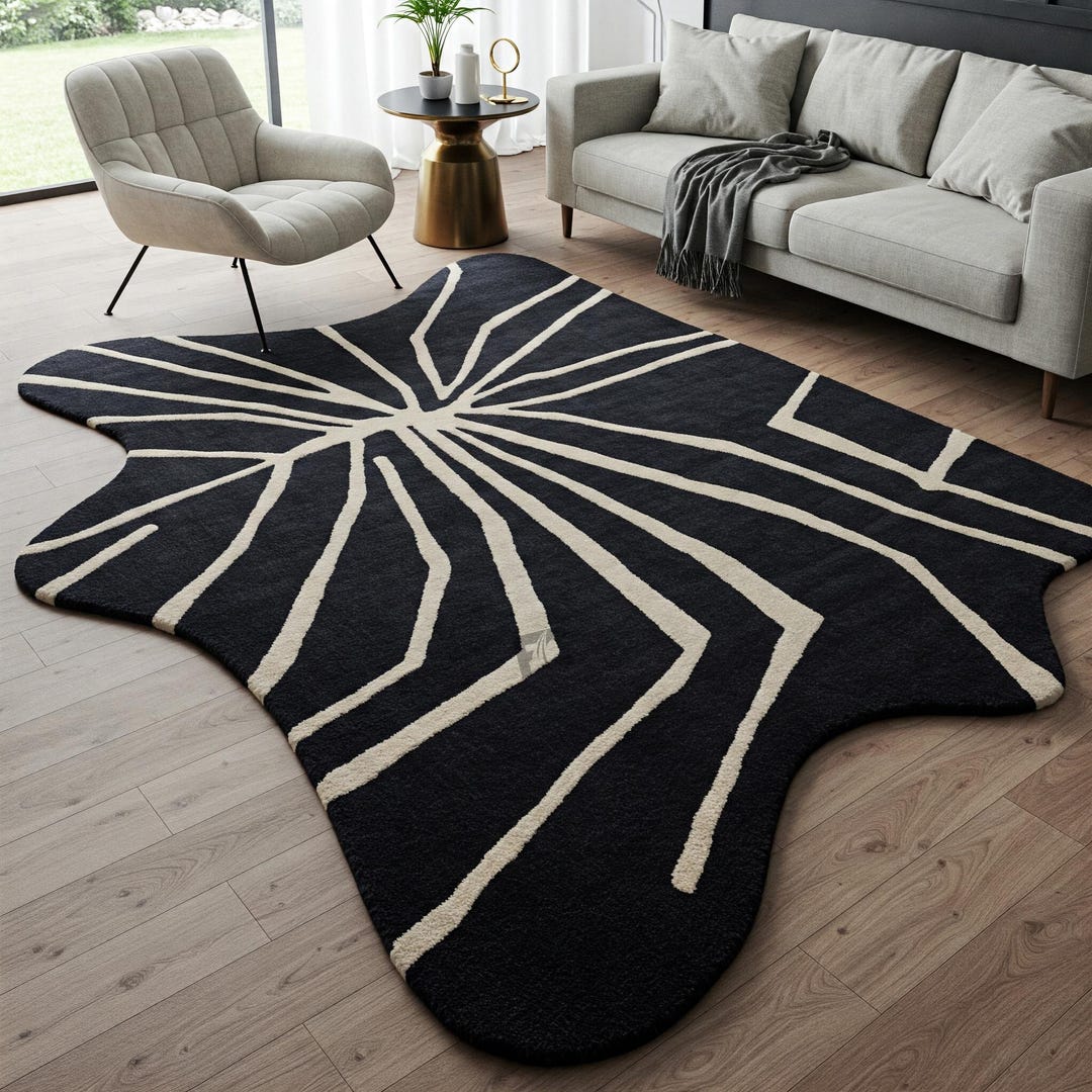 Hand Tufted Wool Rug, Modern Black & White Wavy Pattern Area Rug - Etsy
