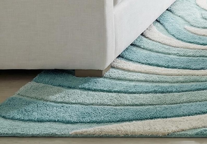 Aqua Blue Coastal Wave, Sculpted Ocean Design Hand Tufted Wool Area Rug ...
