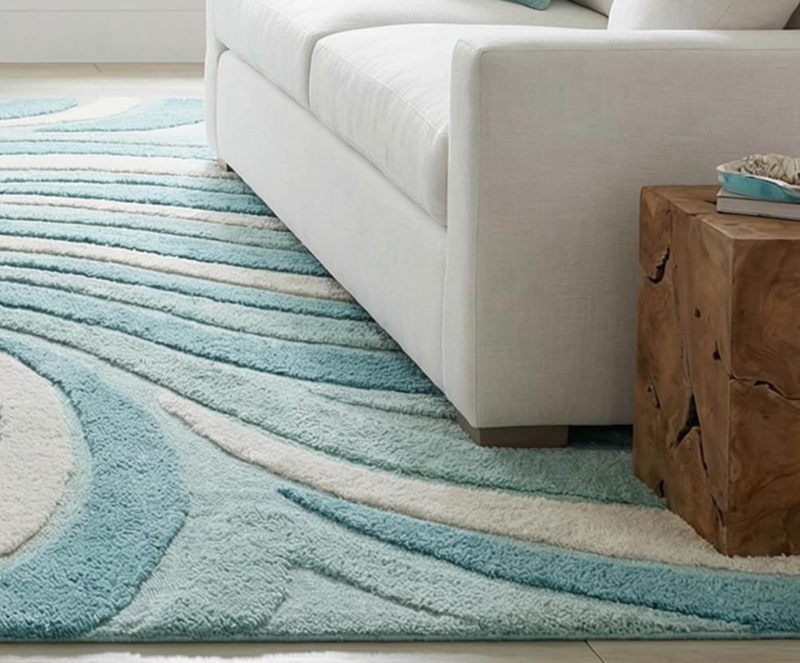 Aqua Blue Coastal Wave, Sculpted Ocean Design Hand Tufted Wool Area Rug ...