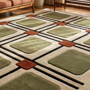 Hand Tufted Wool Rug Modern Geometric Grid Olive Green Rust Living Room Carpet