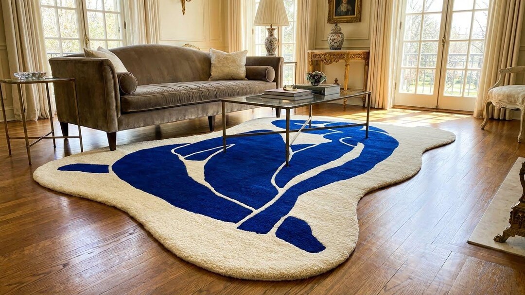 Abstract Blue Ivory Rug Handmade Tufted Organic Shape Modern Area Rug ...