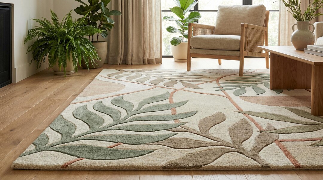 Botanical Leaf Hand Tufted Wool Rug – Organic Modern Living Room Area ...