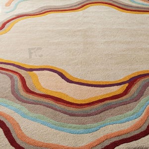 Handwoven Tufted Organic Shape Rainbow Border Area Rug | Modern Boho Living Room Bedroom Decor | Colorful Unique Soft Carpet