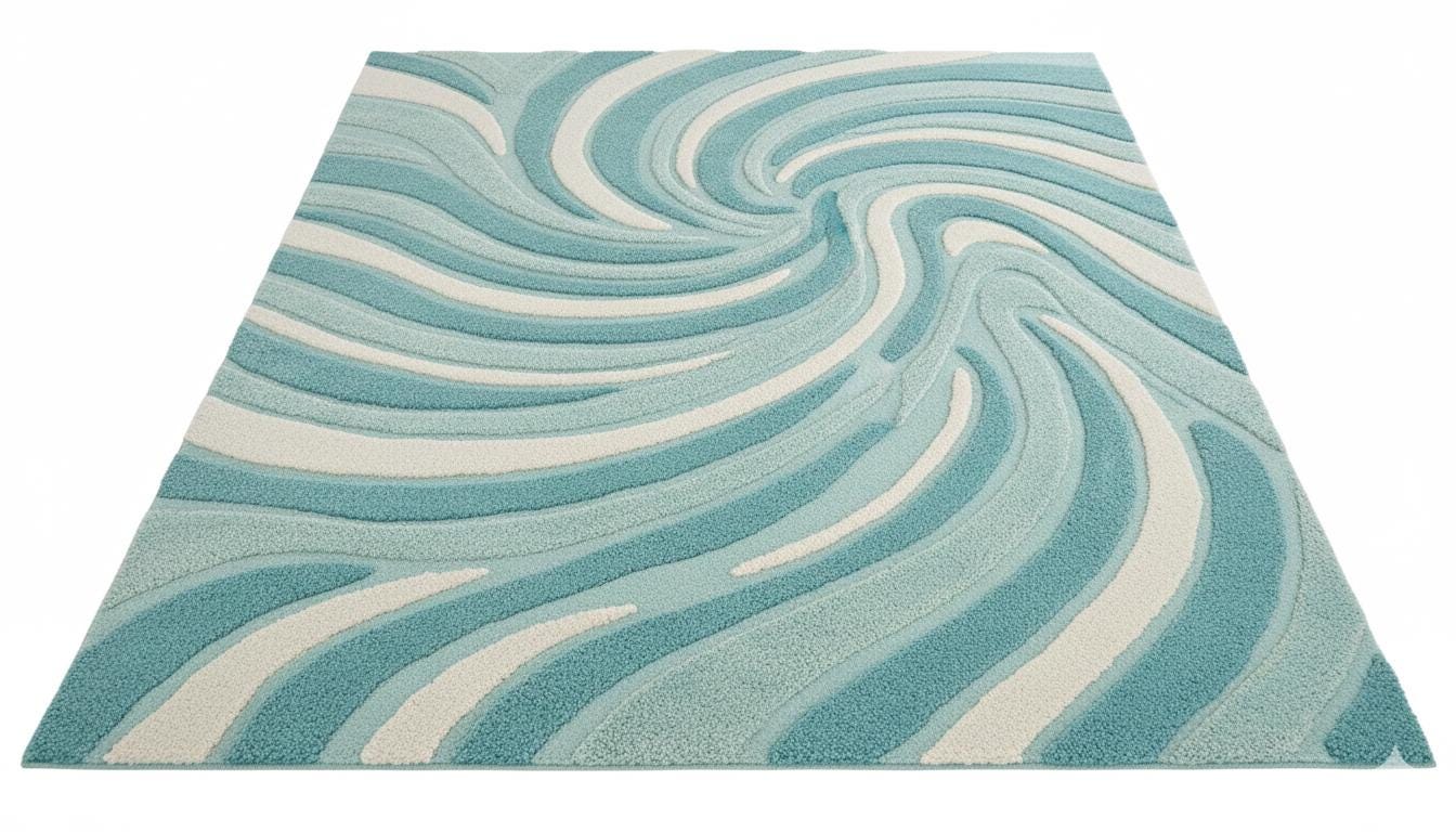 Rod Wave Rugs Aqua Blue Coastal Wave, Sculpted Ocean Design Hand Tufted Wool Area Rug ...