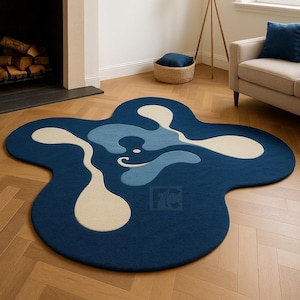 Abstract Navy Blue Irregular Wool Area Rug | Modern Hand-Tufted Statement Floor Art for Living Room, Bedroom & Nursery