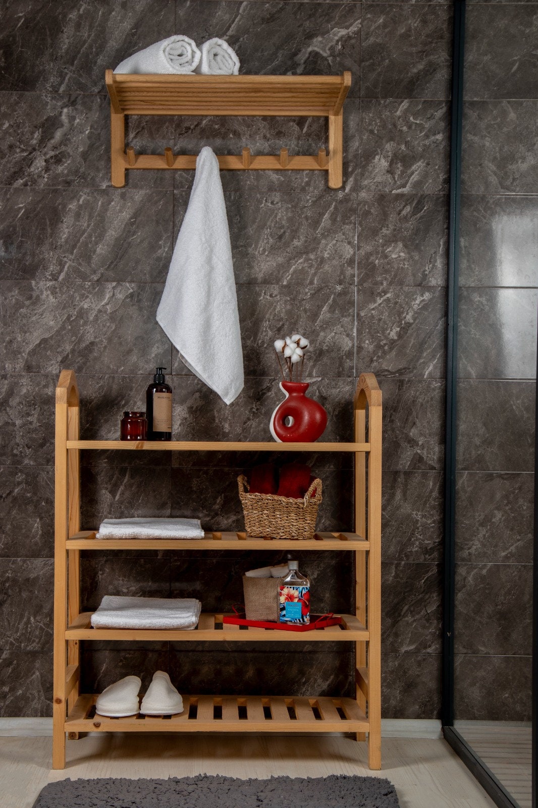 Wooden Bathroom Towel Bar With Shelf Bathroom Storage Shelf Etsy