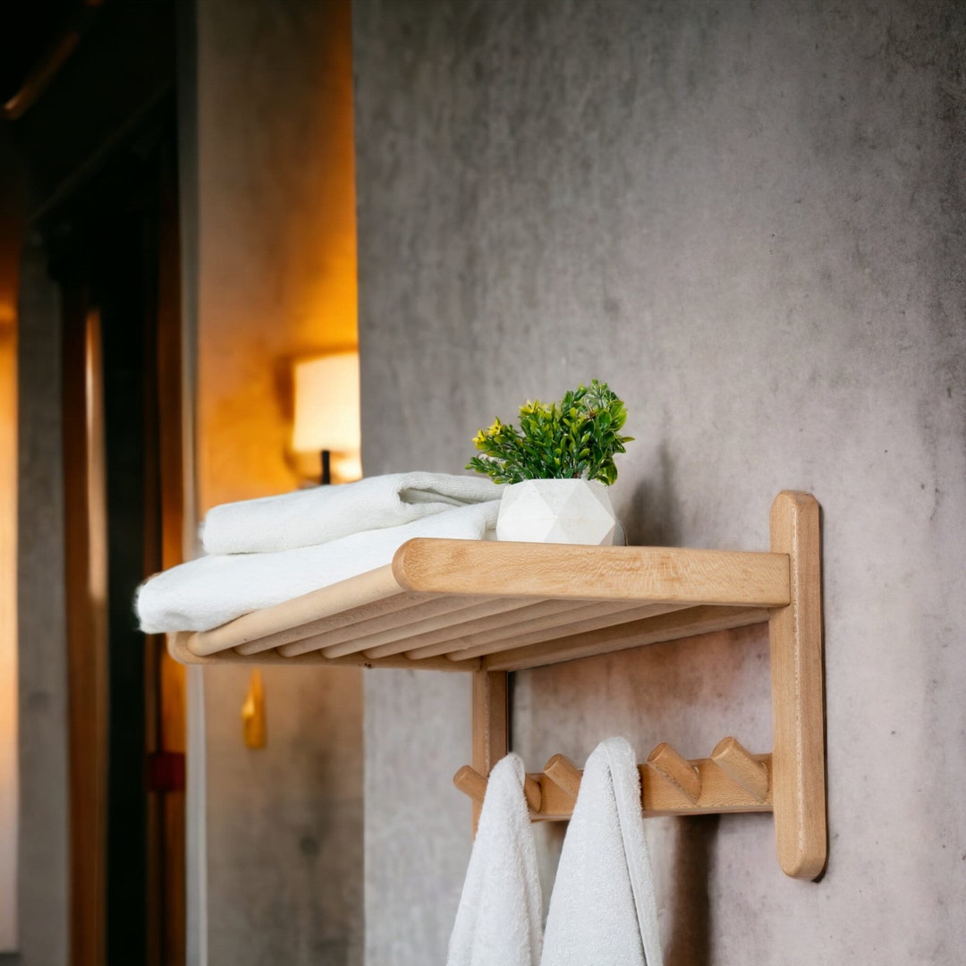Wooden Bathroom Towel Bar With Shelf Bathroom Storage Shelf Etsy
