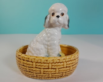 Ceramic poodle in basket figurine, Norleans, Japan