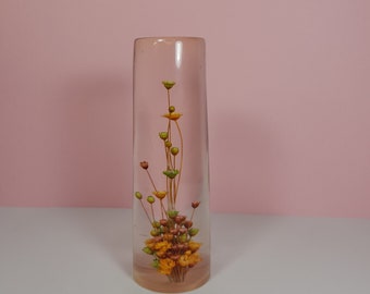 Vintage lucite flower paperweight, pillar, dried flower arrangement