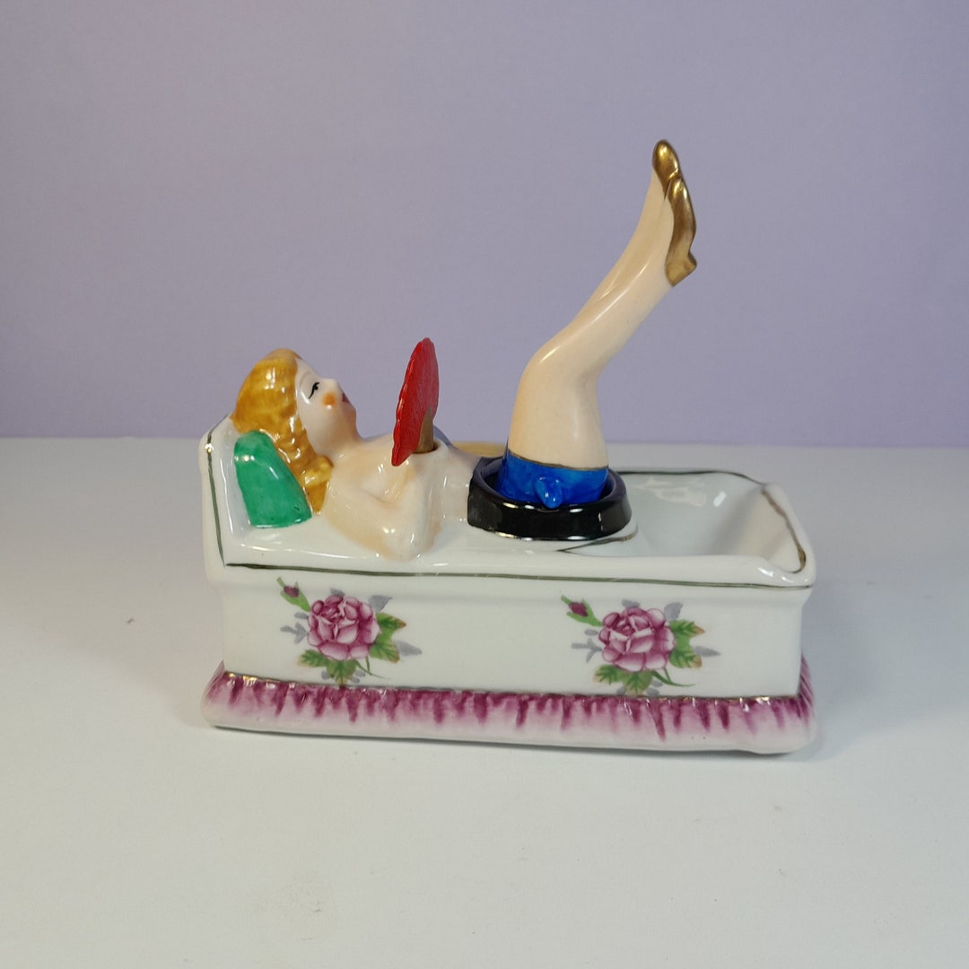 Vintage Naughty Nodder Ashtray With Lounging Lady Holding Fan Etsy