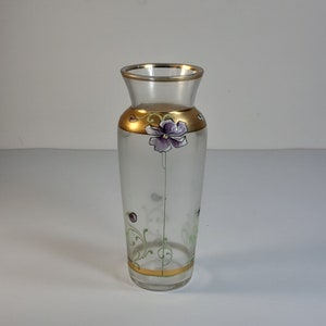 かわいらしい手描きのエナメルガラスの花瓶、紫、金、緑、化粧用花瓶