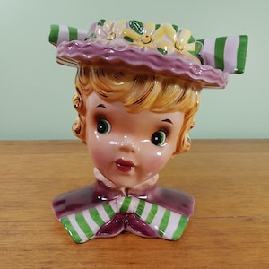 Vintage Enesco girl, lady head vase, 14cm